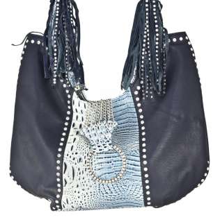 Blue Elegance Big Blue Handbag Rocker Style Studded Fringed Bag