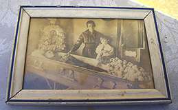 VINTAGE FUNERAL real photo post mortem~WIFE~SON~coffin plate  