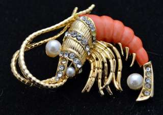 Vintage Salmon Color Shrimp Pin w/ Rhinestones & Pearls  