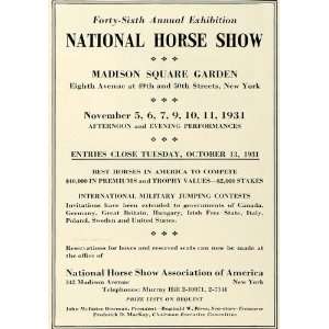 Ad National Horse Show Madison Square Garden New York Military Jumping 