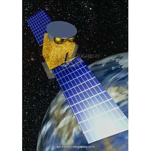  Computer art of communication satellite over Earth 