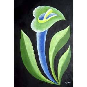  Green, Blue Arum Lily in Black Background Oil Painting 36 