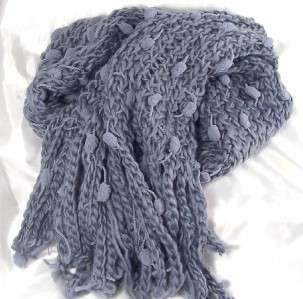 FUNKY BLUE GREY Pom Pom Crochet Knit Scarf Shawl  