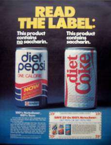 1985 Diet PEPSI contains NO Saccharin vintage soda ad  