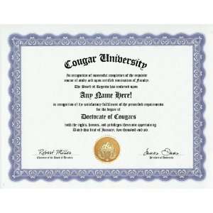  Cougar Degree Custom Gag Diploma Doctorate Certificate 