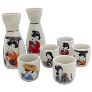  Sake Set Geisha design with 7 pieces