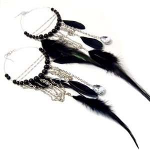  Fabulous XX Long and LARGE Black Feather and Chain Hoop 