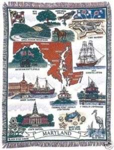 State Of Maryland Scenic Tapestry 100% Cotton Throw Blanket Afghan 