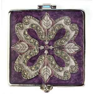  Square Purple Compact Mirror with Inlaid Design Beauty