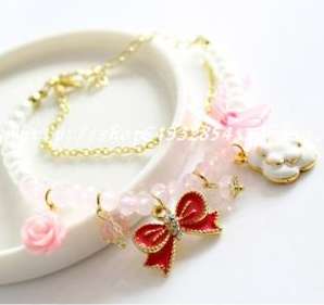 Fashion Cute Crystal Rose Bow Pink Flower Pearl Strand Charm Bracelet 