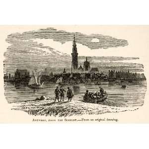 1877 Woodcut Antwerp Scheldt France Cityscape Sailing Ships Waterway 
