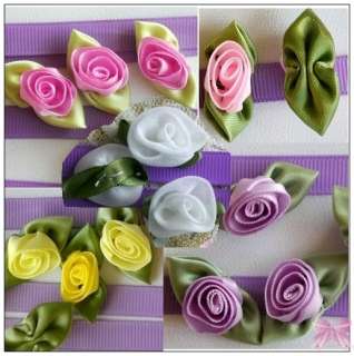 10PC Floral Appliques ribbon Rosette/rose w/leaf U PICK  