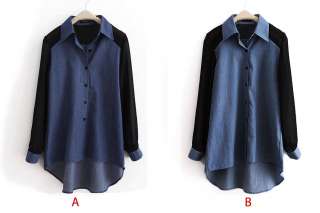   Chiffon Splice Lapel Long Sleeve Blue Jean Denim Shirt Tops Blouse Jee