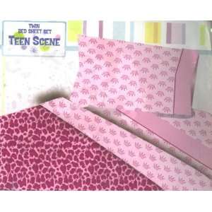  Teen Scene Twin Sheet Set   Crown in Pink with 4 Cuff 