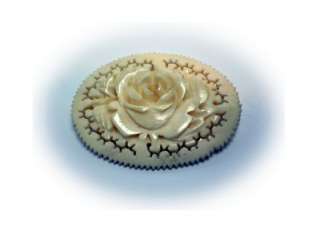 Vintage Fabulous Delicately Carved Rose Ox Bone Oval Lacey Pin  