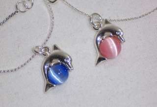 2pc SILVER PLATED PINK & BLUE CATS EYE BEAD & DOLPHIN CHARM PENDANT 