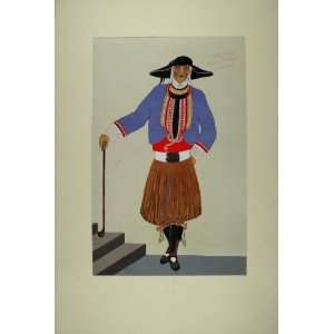  1929 Pochoir Breton Man Farmer Costume Guengat Brittany 