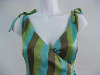 RENE LEZARD Blue Green Striped Silk Sleeveless Dress 36  