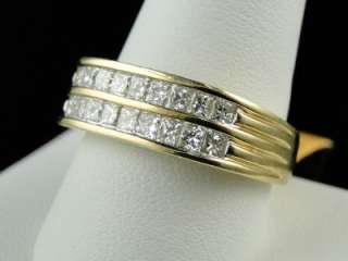 MENS YELLOW GOLD 2 ROW REAL WEDDING BAND PRINCESS CUT DIAMOND 7 MM 