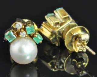   14K Gold Akoya Pearl Natural Emerald Diamond Stud Post Earrings  