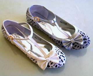 New Round Toe T Strap Ballet Flats Bow Animal lepard Print White 