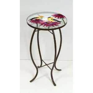  Finches on Coneflower Round Glass Side Table Patio, Lawn 