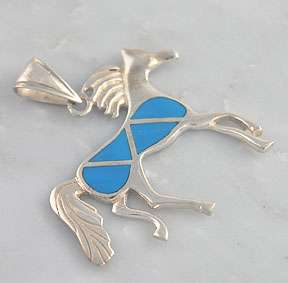 Sterling Silver Turquoise Inlay Running Horse Pendant  