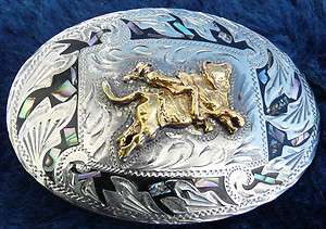Vintage Western Alpaca Cowboy Bull Riding w/ Abalone Shell Belt Buckle 