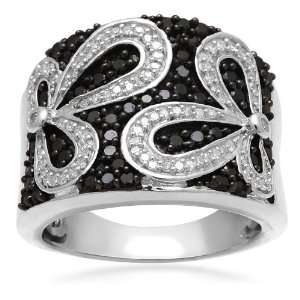 Jewelili Sterling Silver Black and White Diamond Band Ring (1 Cttw, IJ 
