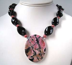 Rhodonite Pendant and Black Onyx Bali Sterling Necklace  