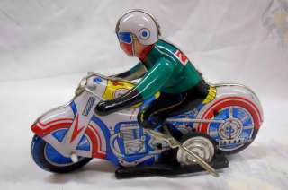 WIND UP MOTORCYCLE W/MAN / AUTO TURN / WORKS WELL / 1980S CHINA # 602 