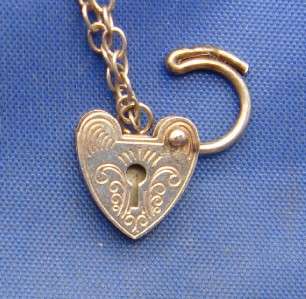 Vintage English Sterling Silver Heart Padlock Travel Charm Bracelet w 