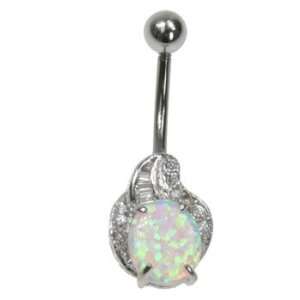  Stainless Steel Belly Ring with Clear CZ & Synthetic Opal 