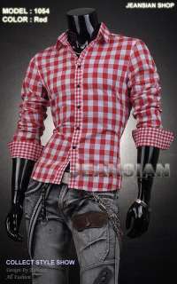 3mu Mens New Designer Plaids Checks Slim Dress Shirts Tops Casual S M 