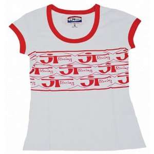 JT Racing USA Ringer Womens Short Sleeve Casual Shirt   White/Red 