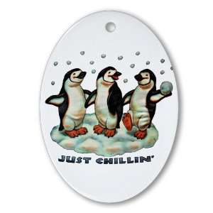   (Oval) Christmas Penguins Just Chillin in Snow 