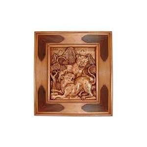 Wood relief panel, Playful Leopards