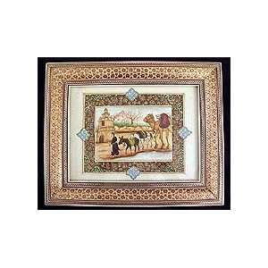  Persian Art Pastoral Scene in Khatam Inlaid Frame