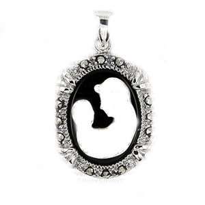 Sterling Silver Marcasite Onyx Mother of Pearl w/ Mother & Child Cameo 