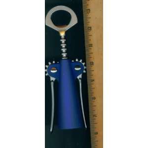 CORKSCREW BOTTLE OPENER. SILVER COLORED METAL TOP AND CORKSCREW BLUE 