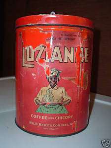 VINTAGE LUZIANNE # 2 COFFEE TIN CHICKENS ON BACK OF TIN  