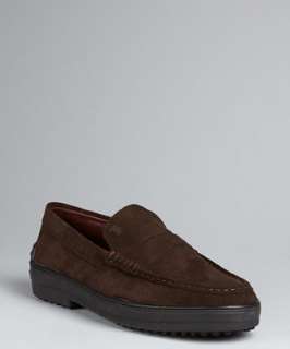 Tods dark brown suede Gommini moc toe loafers   