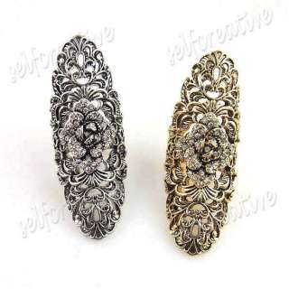 SZ 6/M Filigree Flower Crystal Floral 6cm Long Ring Full Finger Gold 