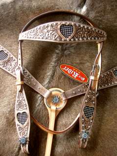 BRIDLE BREAST COLLAR WESTERN LEATHER HEADSTALL TACK HEART CRYSTALS 