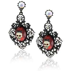 Betsey Johnson Dark Forest Red Crystal Skull Drop Earrings