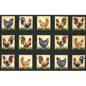  45 Wide Farm and Country Rooster Panel Black Fabric By 