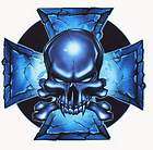 ELECTRIC BLUE IRON CROSS SKULL BIKER STICKER/Vinyl DECAL Art by Top 