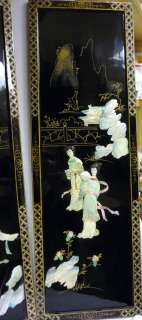   JAPANESE GEISHA BLACK LACQUER MOTHER OF PEARL SHELL 4 PANEL PICTURES