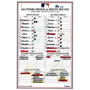   Orioles at Red Sox 7 24 2009 Game Used Lineup Card
