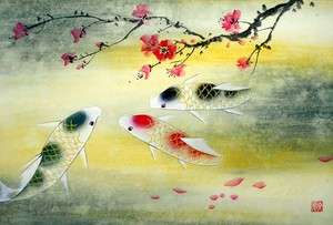   Chinese Painting Feng Shui Art Three Koi Fish&Plum Blossom a83  